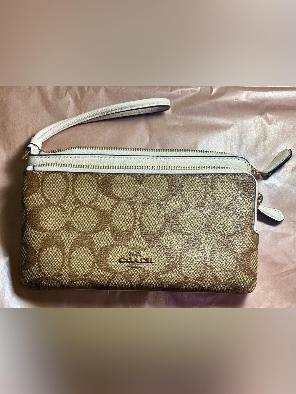 NWOT Coach Signature Double Zip Wallet Wristlet – Khaki/White